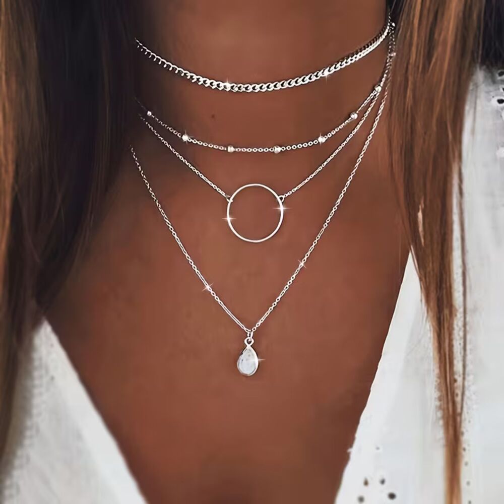 Multi Layer Silver Pendant Chain Necklace Teardrop Crystal Charm Circle Secure